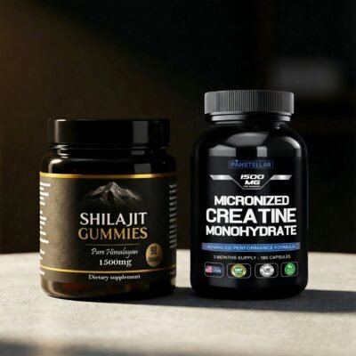 Shilajit gummies and micronized creatine monohydrate capsules dietary supplements on a table