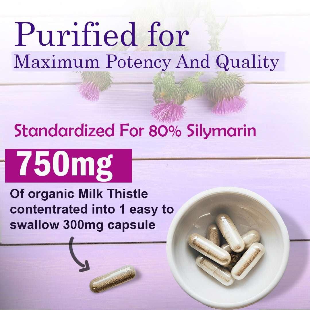 Milk thistle supplement capsules with 80% silymarin, labeled 750mg for maximum potency.