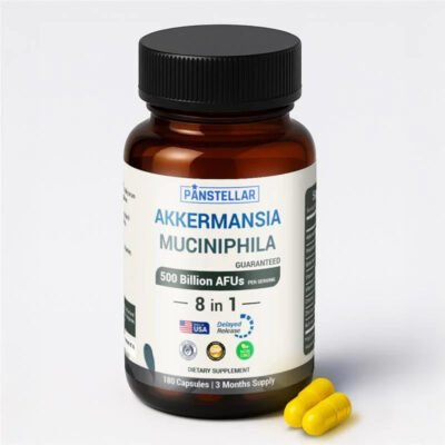 Akkermansia Muciniphila supplement bottle with yellow capsules on white background