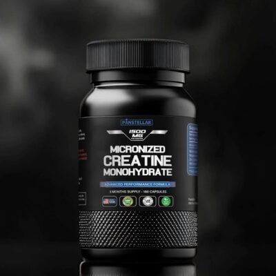 Black bottle of micronized creatine monohydrate supplement with 180 capsules, front label view