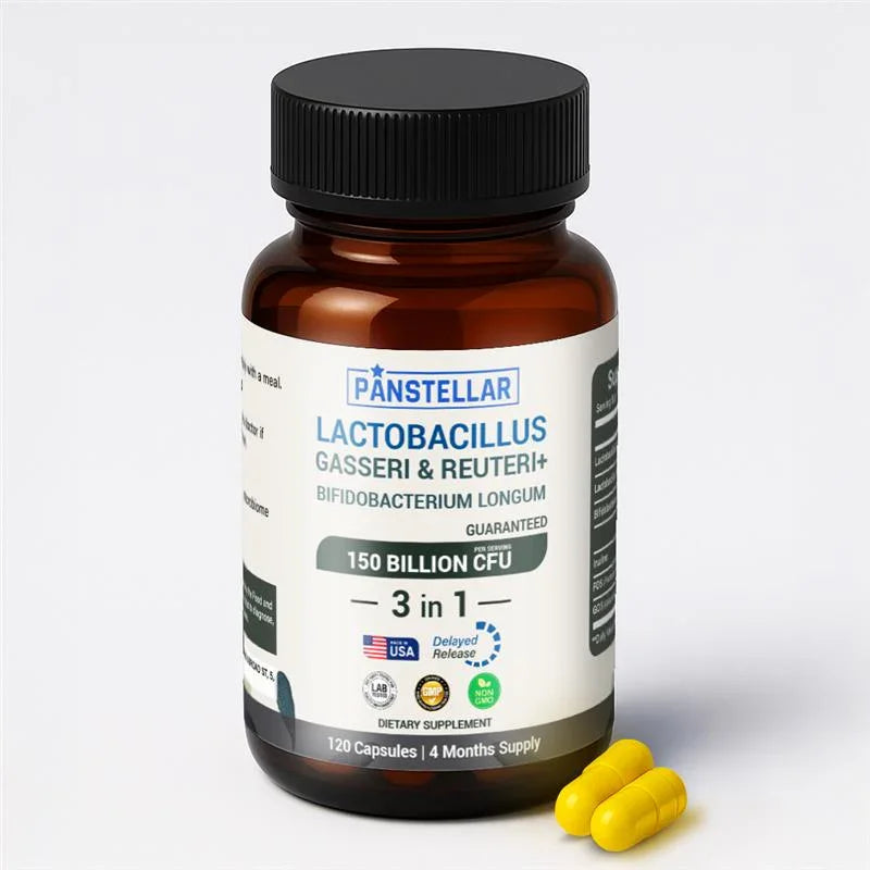 Lactobacillus Gasseri & Reuteri probiotic supplement bottle with yellow capsules on white background