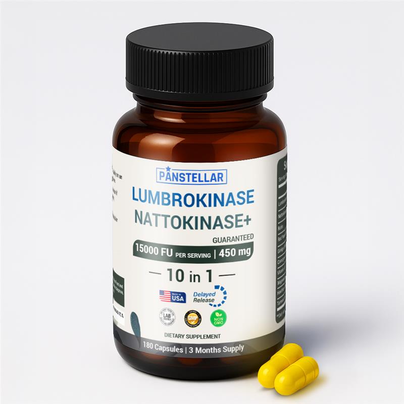 Lumbrokinase Nattokinase supplement bottle with two yellow capsules on white background