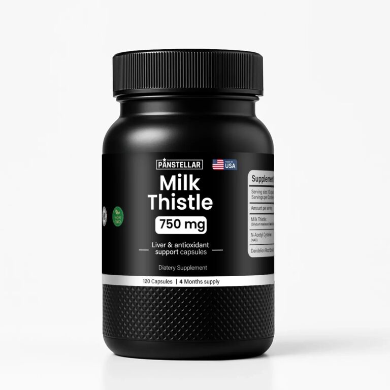 Milk Thistle 750 mg supplement bottle for liver and antioxidant support, 120 capsules