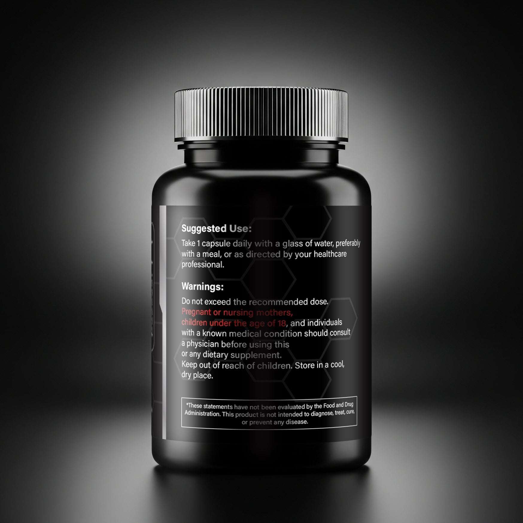 Black supplement bottle with suggested use and warnings label on a dark gradient background