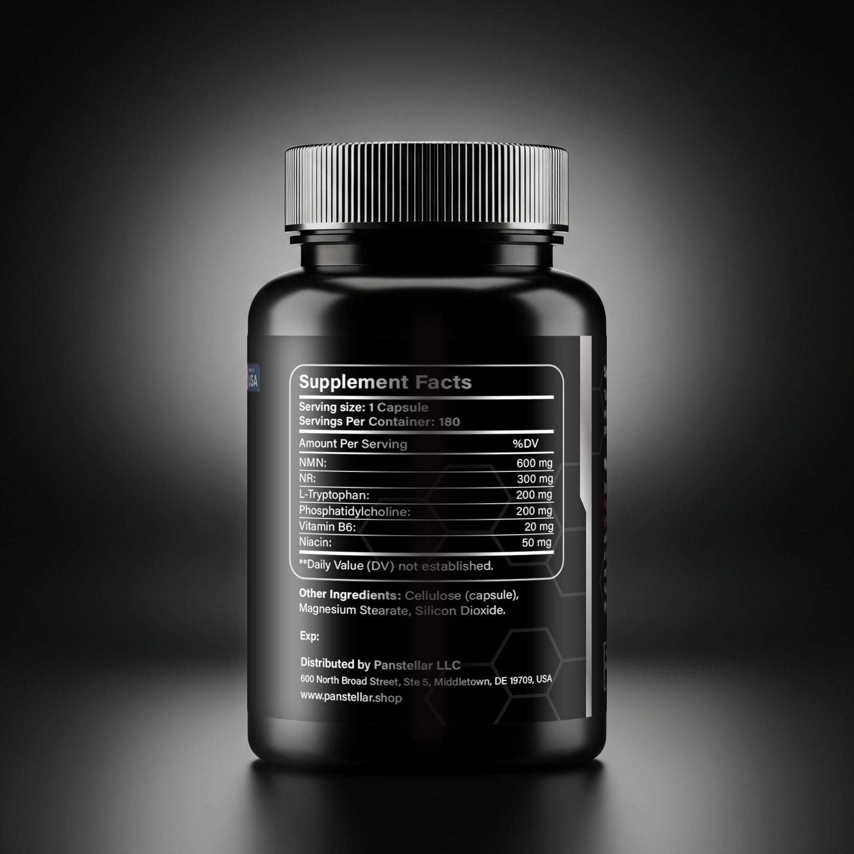 Black bottle with supplement facts label showing NMN, NR, L-Tryptophan, phosphatidylcholine, vitamin B6, and niacin amounts.
