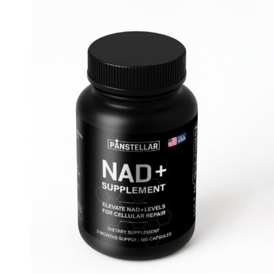 NAD+ supplement bottle with black label, 180 capsules for cellular repair, made in USA