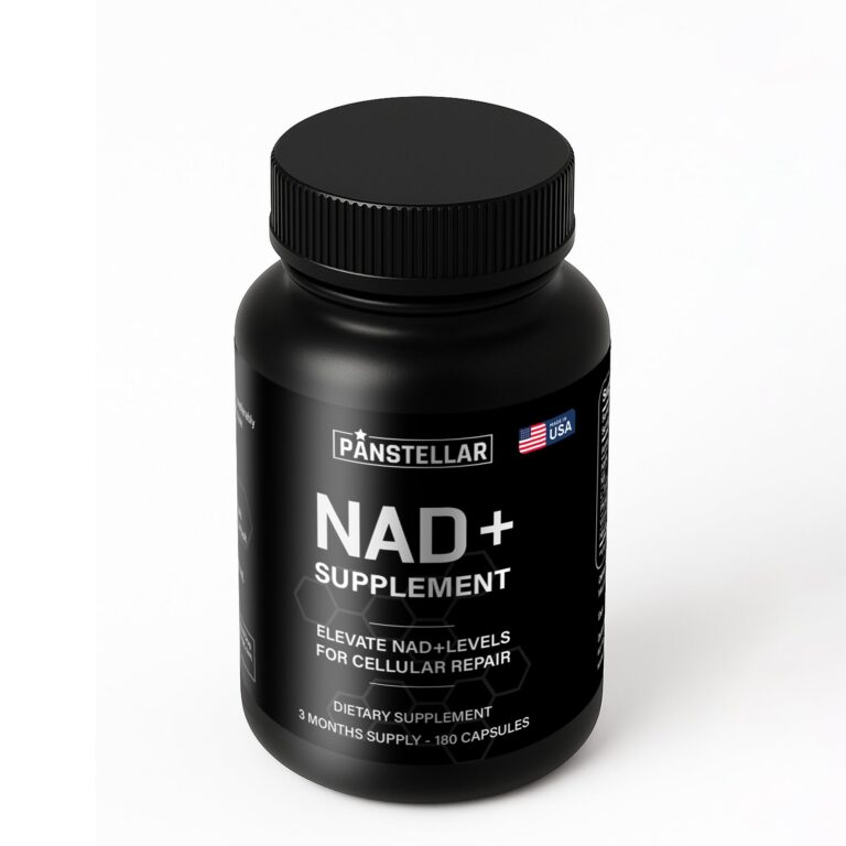 NAD+ supplement bottle with black label, 180 capsules for cellular repair, made in USA