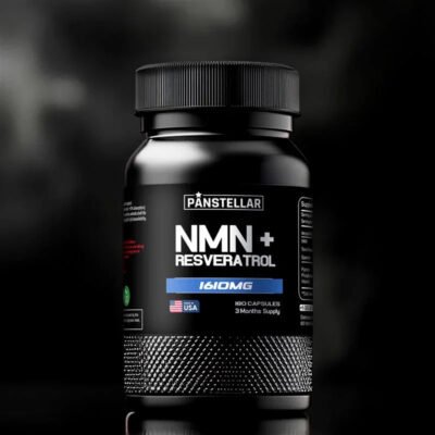 Black NMN plus resveratrol supplement bottle with 1610mg label and USA flag on front.