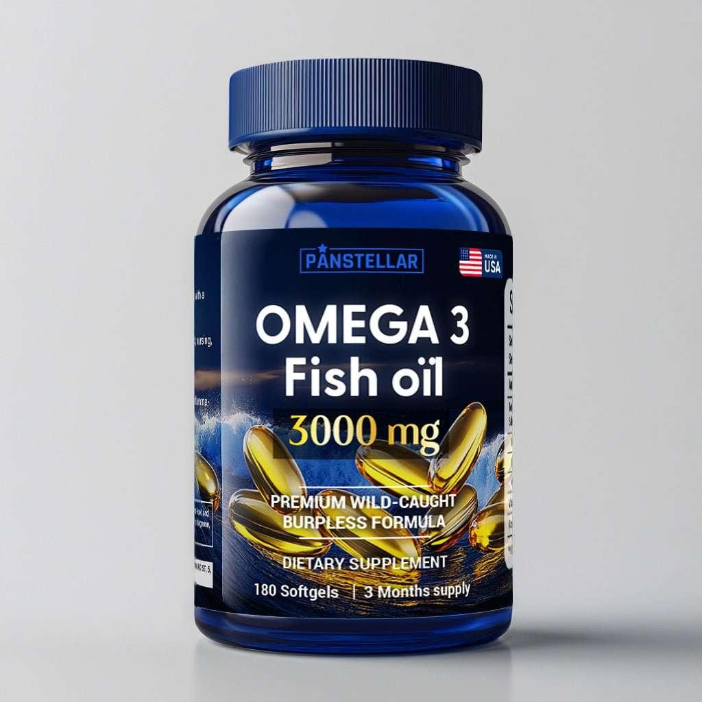 Omega 3 fish oil 3000mg supplement bottle with softgels, 180 capsules, premium wild-caught.