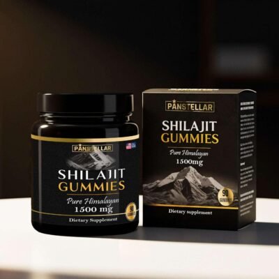 Shilajit gummies dietary supplement 1500mg jar and box with Himalayan design, 90 count
