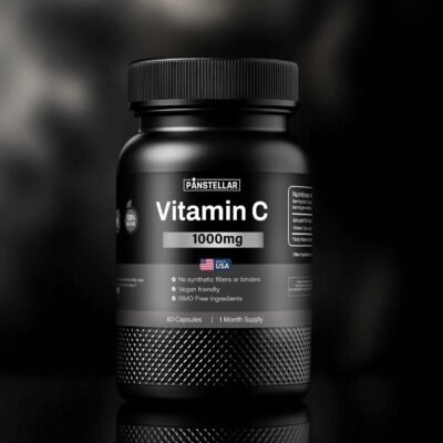 Black bottle of Vitamin C 1000mg capsules, vegan, GMO free, 60 count, USA made