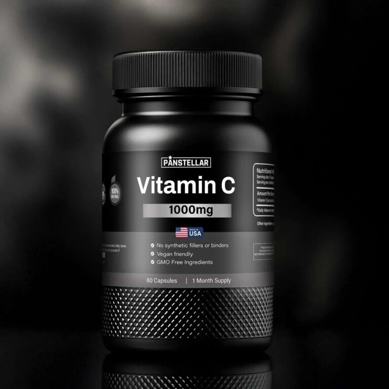 Black bottle of Vitamin C 1000mg capsules, vegan, GMO free, 60 count, USA made