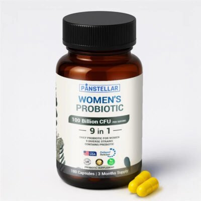 Women's probiotic supplement bottle with 100 billion CFU, 9 strains, and two yellow capsules