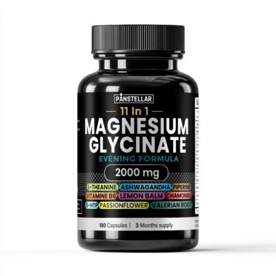 Magnesium glycinate supplement bottle, 2000mg evening formula with ashwagandha, valerian root, L-theanine, and other sleep support ingredients.
