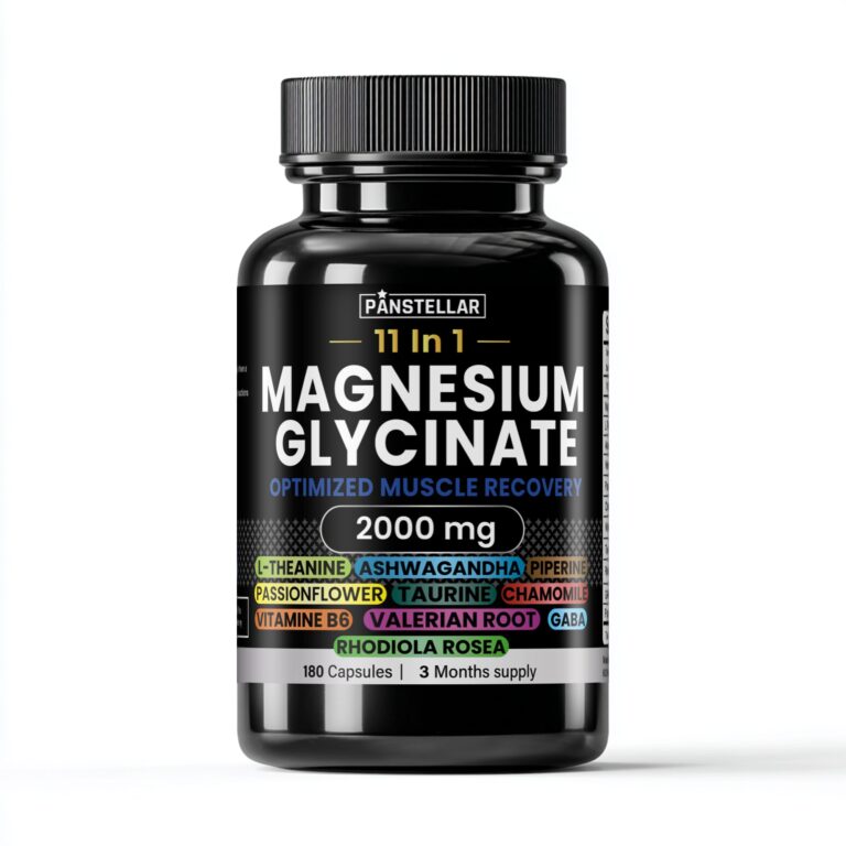 Magnesium Glycinate supplement bottle with 11 ingredients for muscle recovery, 2000 mg, 180 capsules