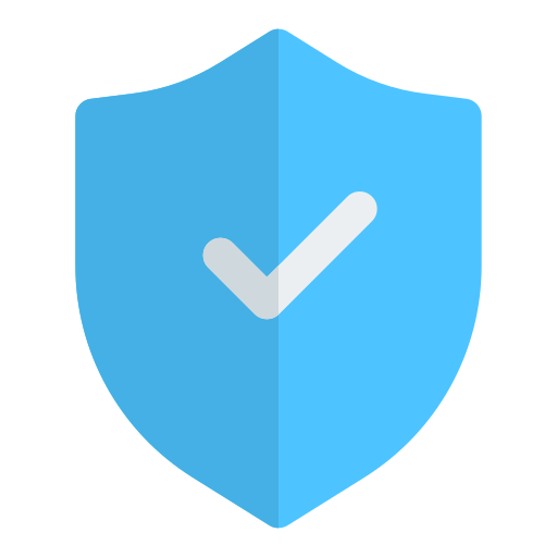 Blue shield icon with check mark symbolizing protection and product safety