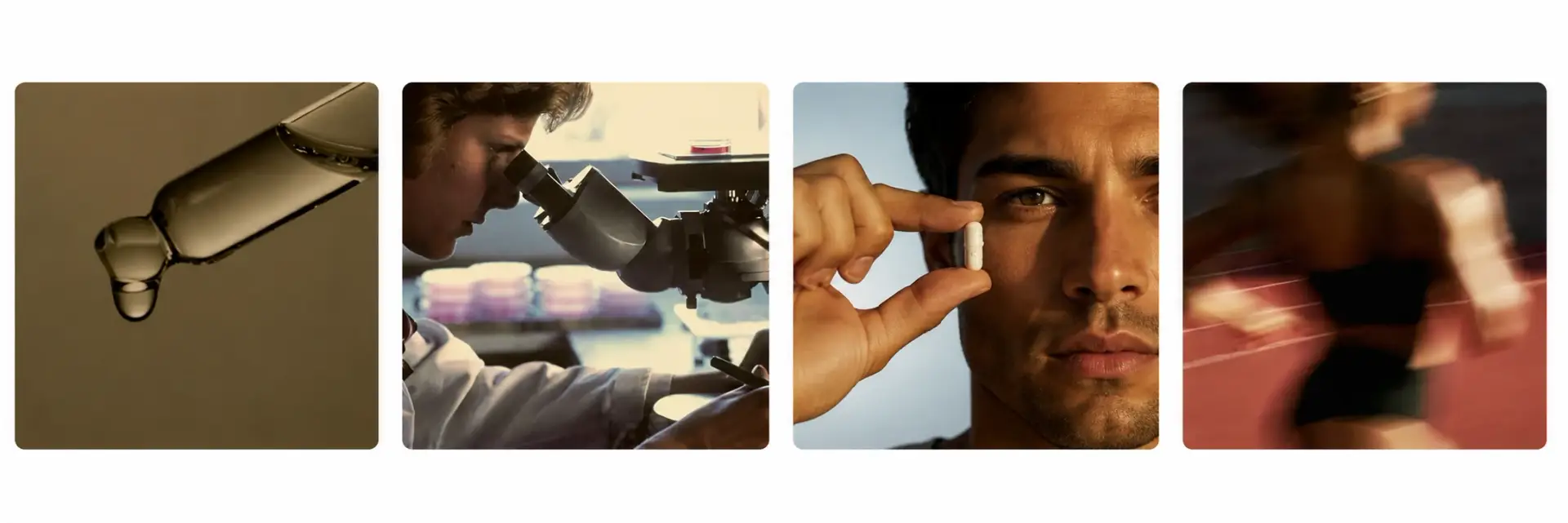 Eligibility collage showing clinical research, a male athlete holding a white capsule, and movement imagery